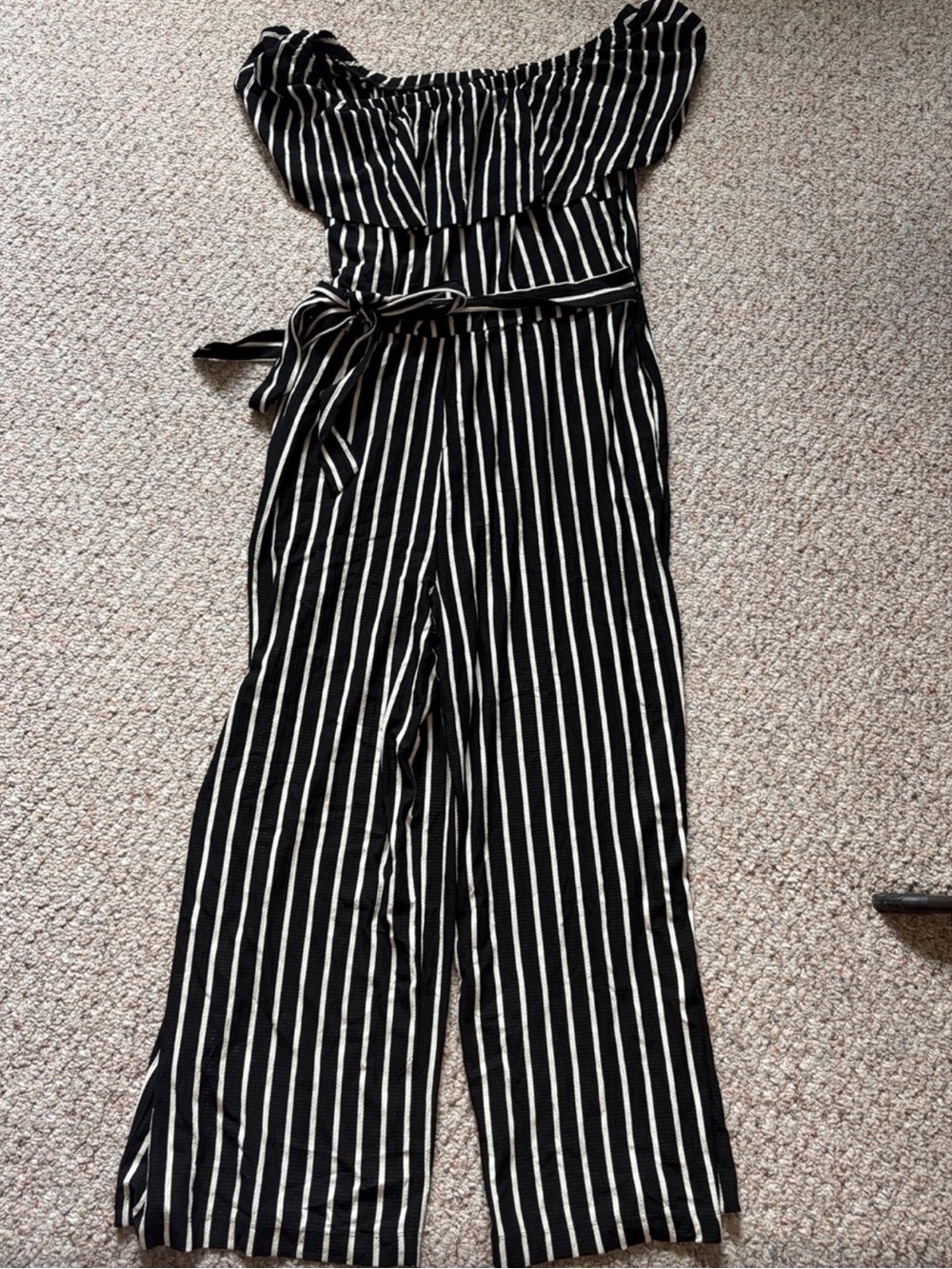 Lane Bryant Black and White Striped Off-Shoulder Jumpsuit